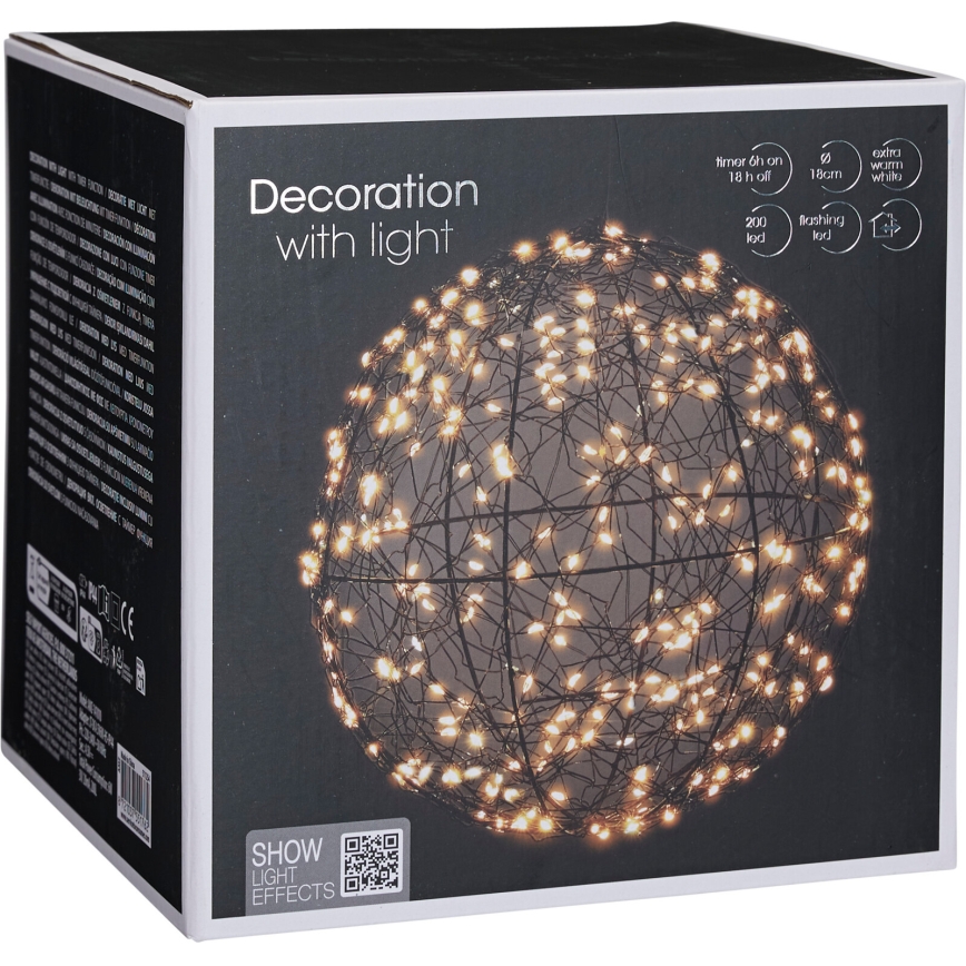LED-Außen-Weihnachtsdekoration 200xLED/230V Ø 18 cm IP44 warmweiß Kugel/schwarz