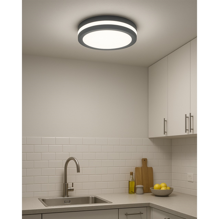 LED-Badezimmer-Deckenleuchte mit Bewegungsmelder – 20 W, 230 V, einstellbare Farbtemperatur (3000/4000/6500 K), Ø 23 cm, IP54, Anthrazit