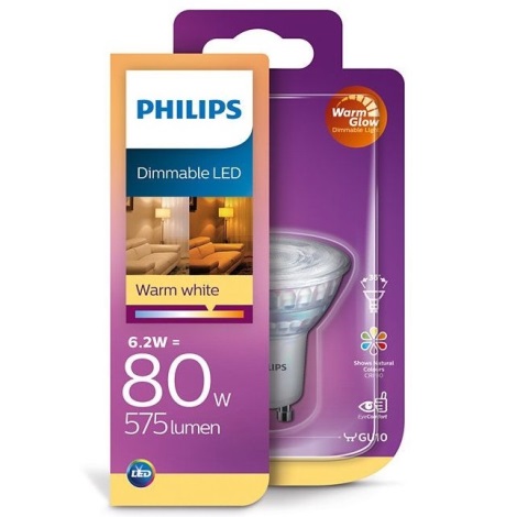 LED dimmbare Glühbirne Philips Warm Glow  GU10/6,2W/230V 2200-2700K CRI 90