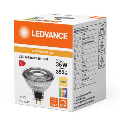 Dimmbare LED-Reflektorlampe MR16 GU5,3/5,3W/12V 3000K 36° CRI 97 - Ledvance