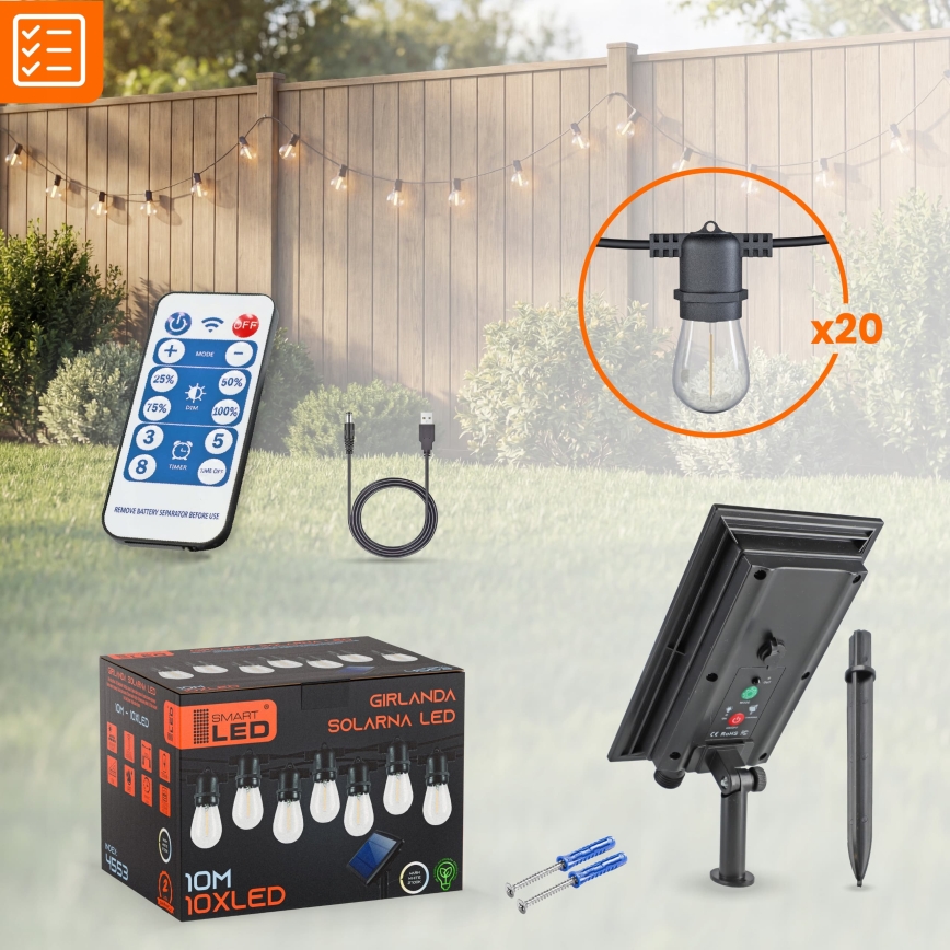 Dimmbare LED-Solar-Dekorations-Lichterkette 20xE27/0,3W/3/5V USB 2400 mAh 20,62 m IP65 schwarz + Fernbedienung