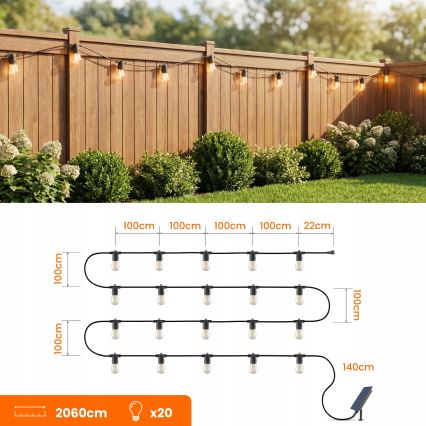 Dimmbare LED-Solar-Dekorations-Lichterkette 20xE27/0,3W/3/5V USB 2400 mAh 20,62 m IP65 schwarz + Fernbedienung