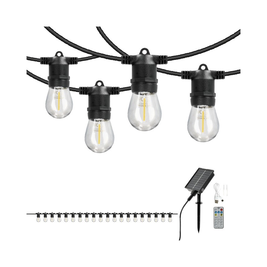 LED-dimmbare, solarbetriebene Deko-Lichterkette STARLIGHT NEO 20xE27/3,7V 2700K IP54 1200 mAh 11,5m + Fernbedienung