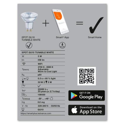 LED-Dimmbirne SMART+ GU10/5W/230V 2.700K-6.500K Wi-Fi - Ledvance