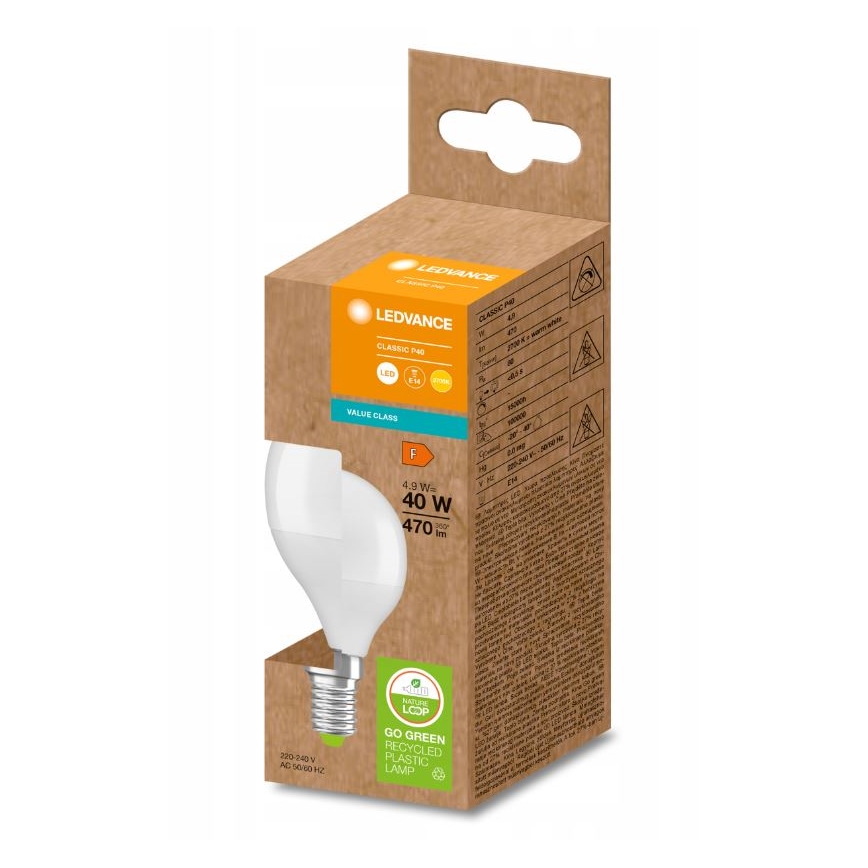 LED-Glühbirne aus recyceltem Kunststoff P45 E14/4,9W/230V 2700K - Ledvance