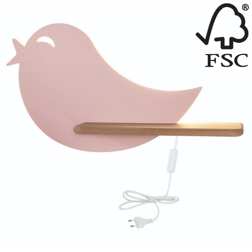 LED-Kinder-Wandleuchte mit Ablage BIRD LED/5W/230V rosa/Holz