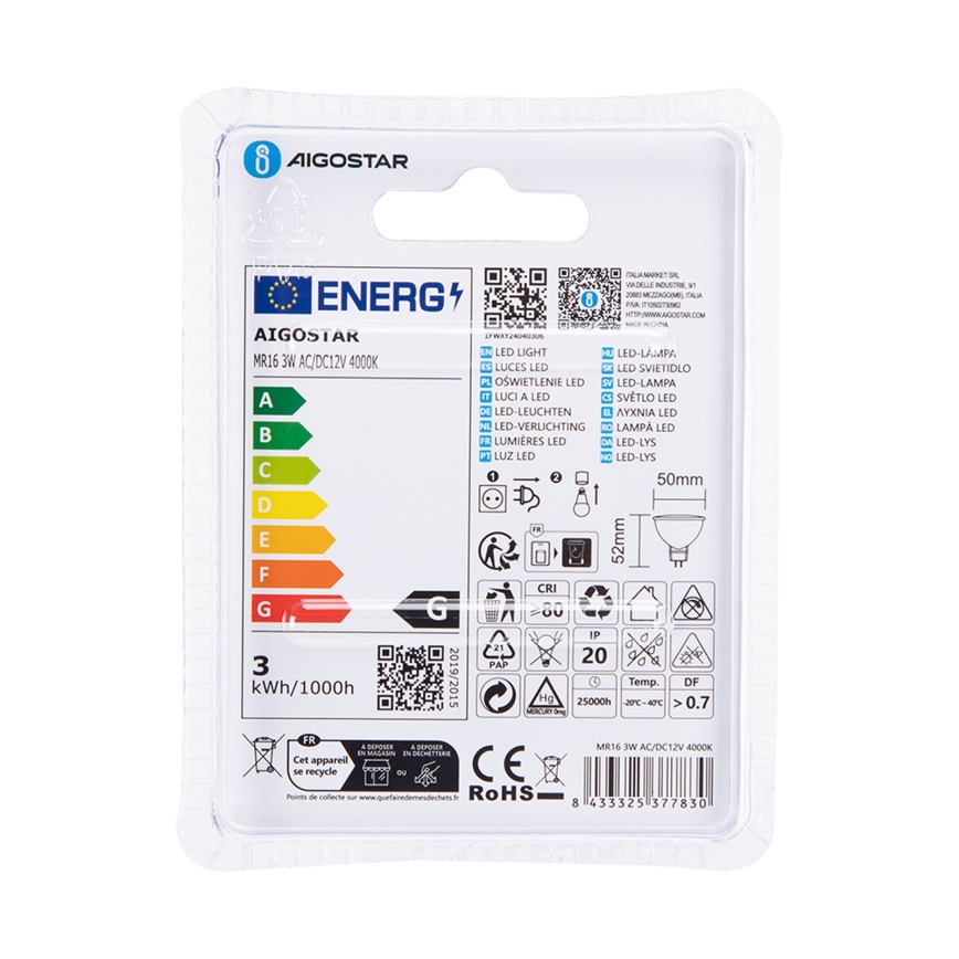 LED-Lampe MR16 GU5,3/3W/12V 4000K - Aigostar