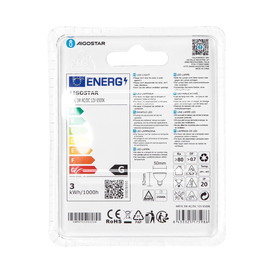 LED-Lampe MR16 GU5,3/3W/12V 6500K - Aigostar