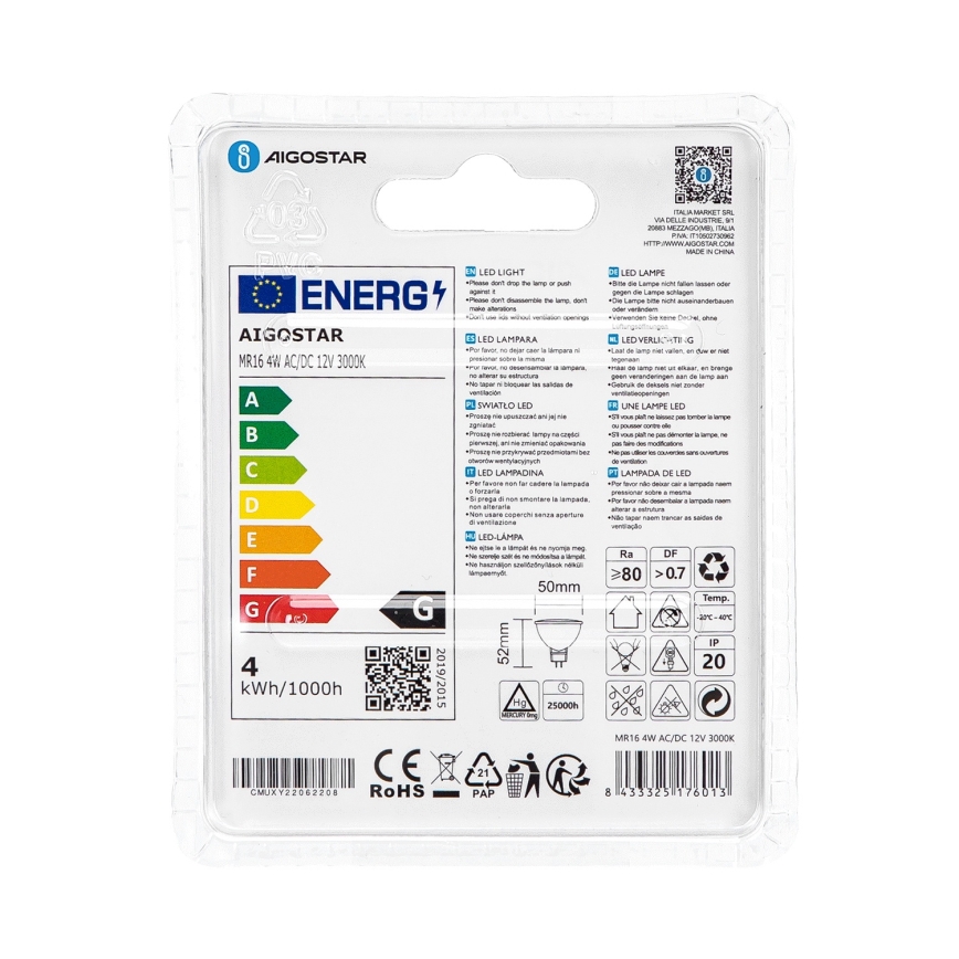 LED-Lampe MR16 GU5,3/4W/12V 3000K - Aigostar