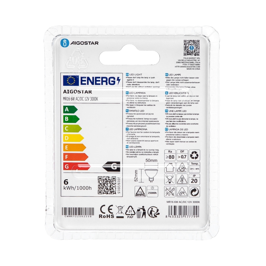 LED-Lampe MR16 GU5,3/6W/12V 3000K - Aigostar