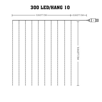 LED RGB dimmbarer Weihnachts-Lichtervorhang WIZARD 300xLED/USB 3x3m + Fernbedienung