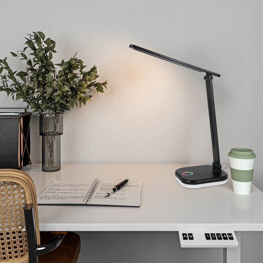 LED RGBW dimmbare Tischlampe mit kabelloser Ladefunktion, LED/7W/5V USB, schwarz