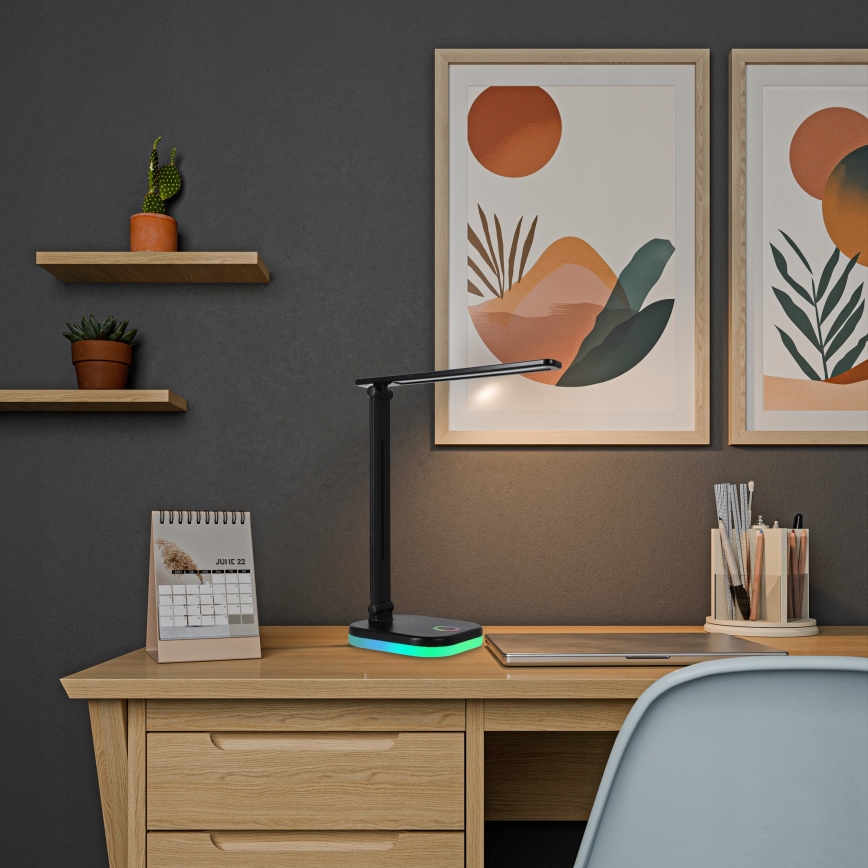 LED RGBW dimmbare Tischlampe mit kabelloser Ladefunktion, LED/7W/5V USB, schwarz