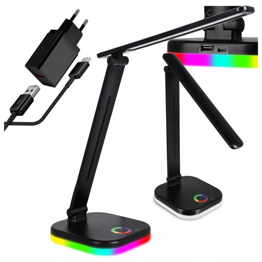 LED RGBW dimmbare Tischlampe mit kabelloser Ladefunktion, LED/7W/5V USB, schwarz