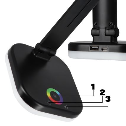 LED RGBW dimmbare Tischlampe mit kabelloser Ladefunktion, LED/7W/5V USB, schwarz