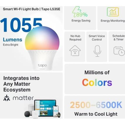 LED RGBW dimmbares Leuchtmittel MATTER A60 E27/8,6W/230V 2500-6500K Wi-Fi - TP-Link