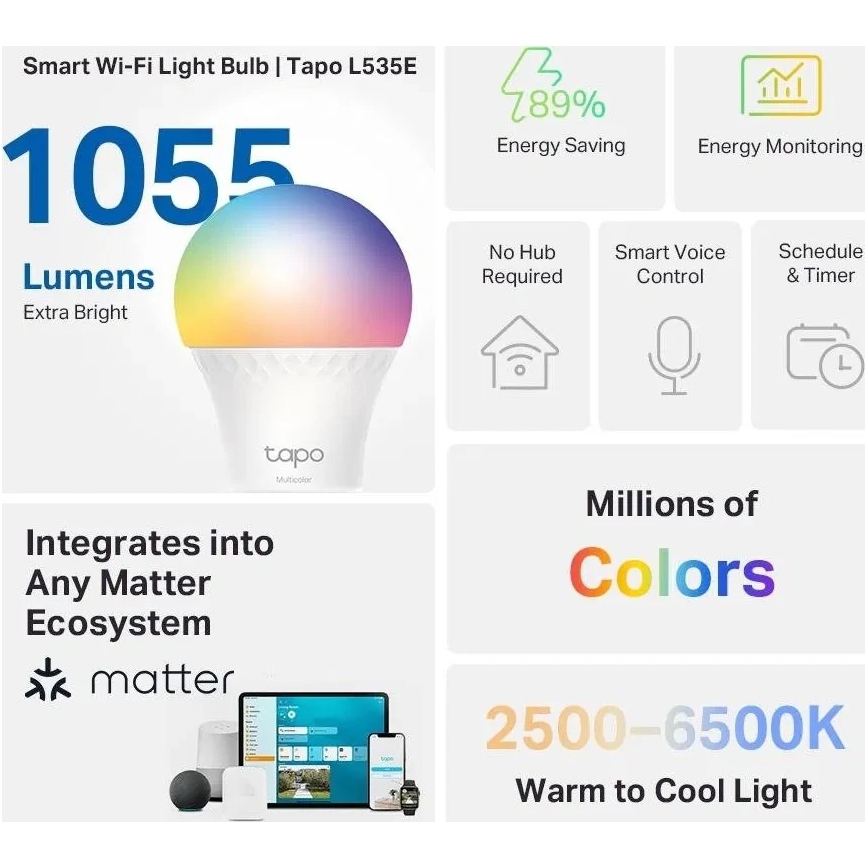 LED RGBW dimmbares Leuchtmittel MATTER A60 E27/8,6W/230V 2500-6500K Wi-Fi - TP-Link