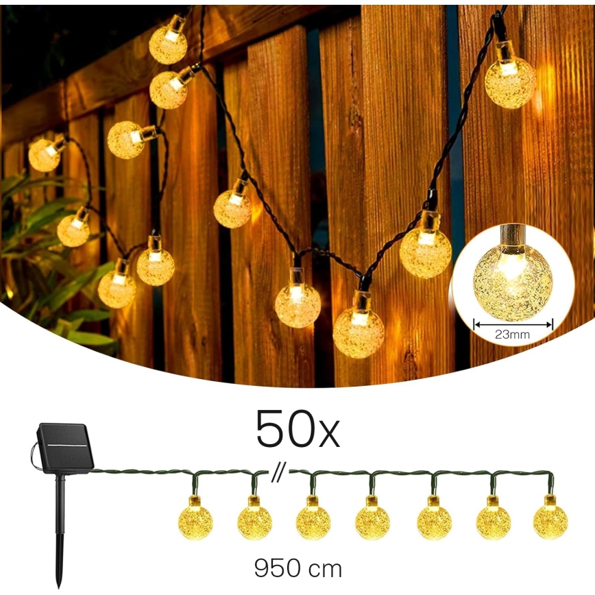 LED-Solar-Deko-Lichterkette 50xLED/8 Funktionen 500 mAh 9,5 m IP67 warmweiß