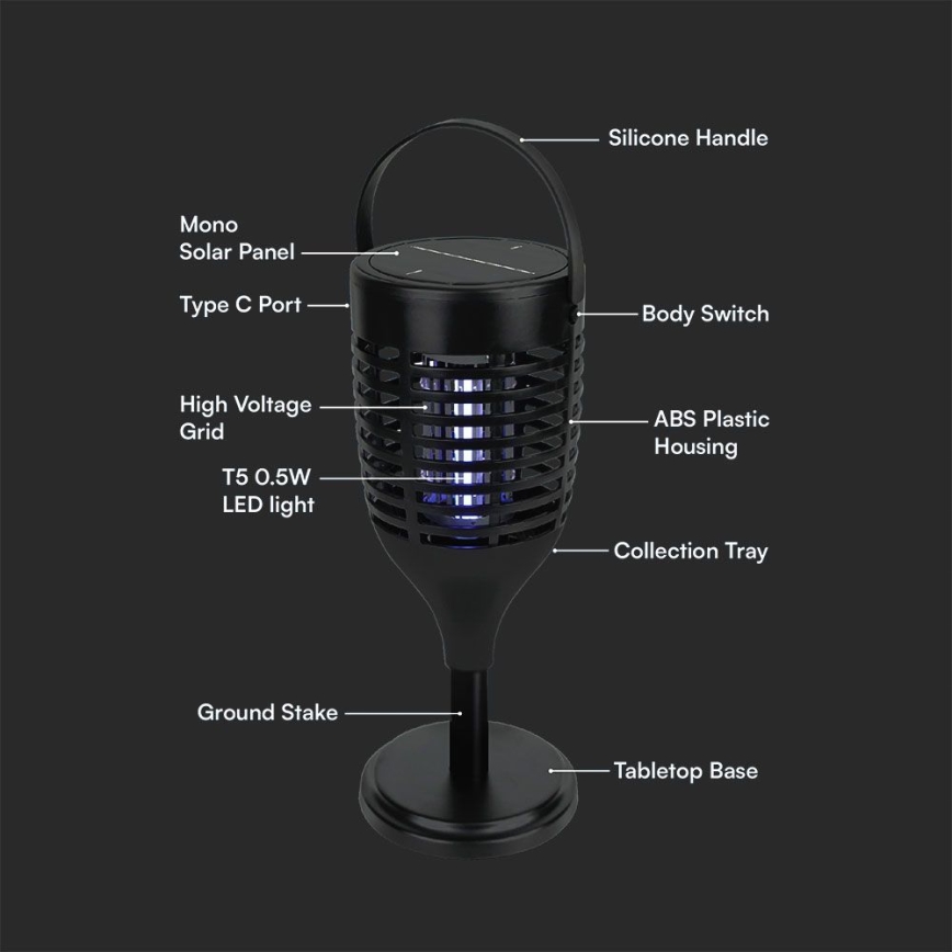 LED-Solar-Insektenvernichter 3in1 LED/1,3W/3,7V IP24 20 mm 2200 mAh