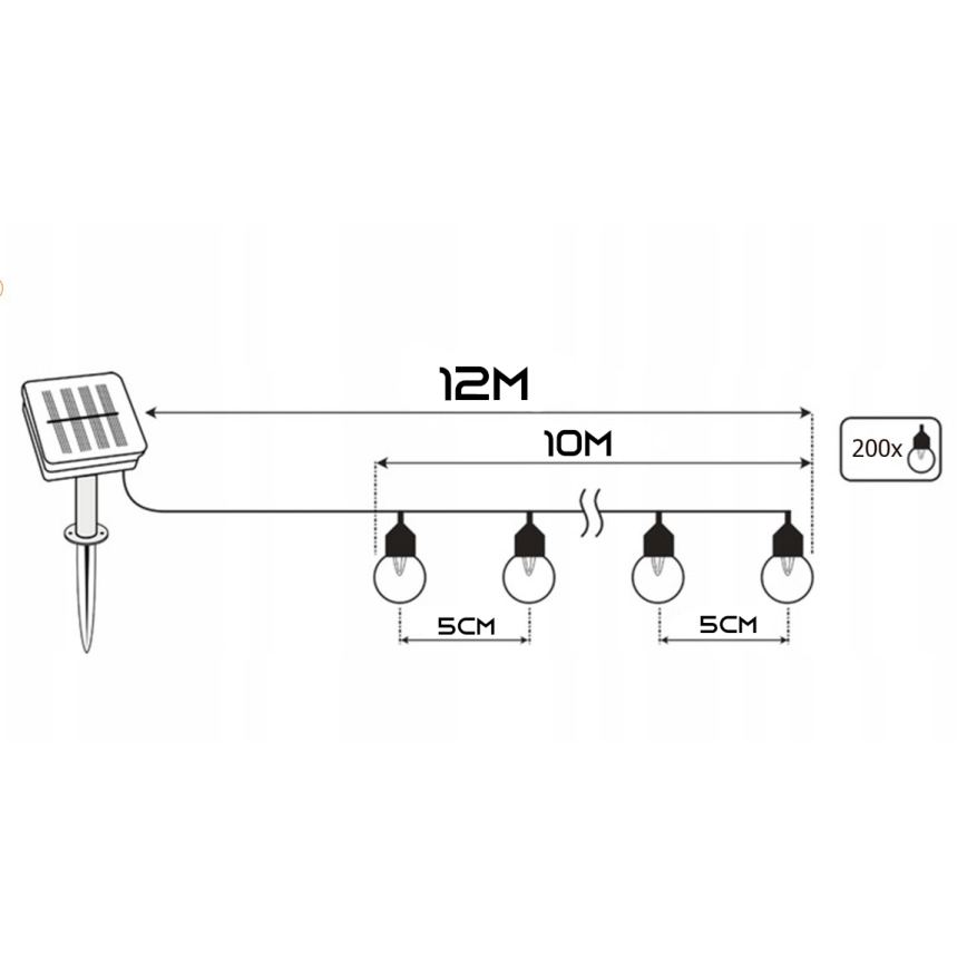 LED Solar-Lichterkette, 200 LEDs, 1,2 V, 800 mAh, 12 m, IP44, schwarz