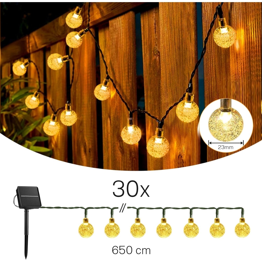 LED-Solar-Lichterkette 30 LEDs/8 Funktionen 500 mAh 6,5 m IP67 warmweiß