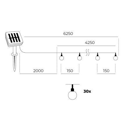 LED Solar-Lichterkette 30xLED/0,12W/1,2V 1xAA 3000K IP44 400 mAh