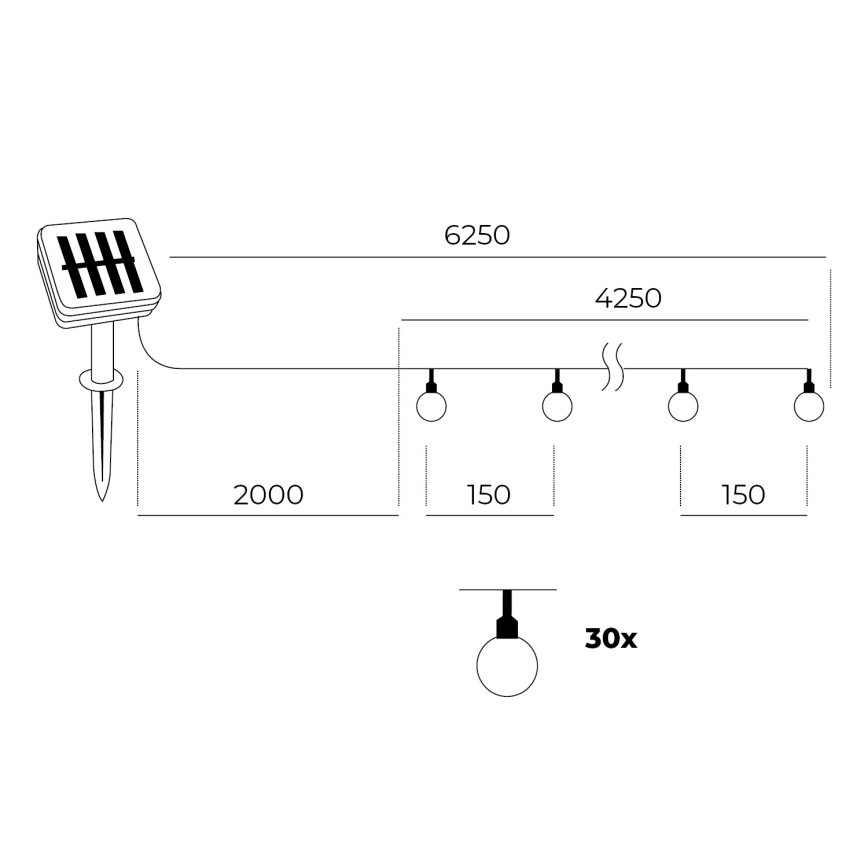 LED Solar-Lichterkette 30xLED/0,12W/1,2V 1xAA 3000K IP44 400 mAh