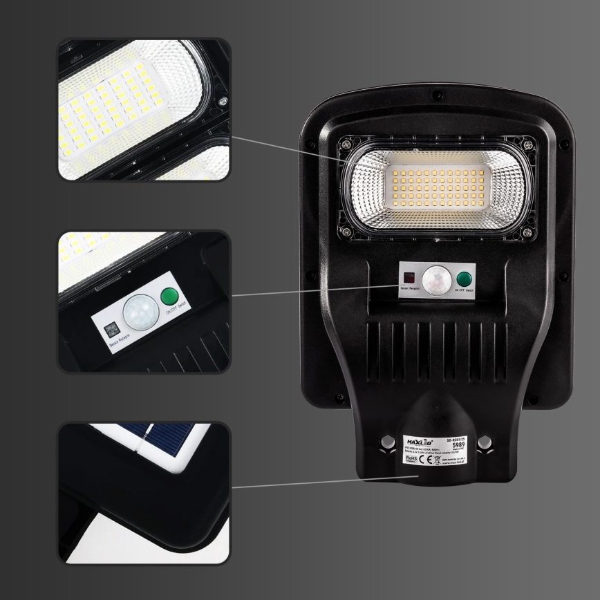 Dimmbare LED-Solar-Straßenlaterne mit Sensor LED/150W/6V 6500K IP65 schwarz + Fernbedienung