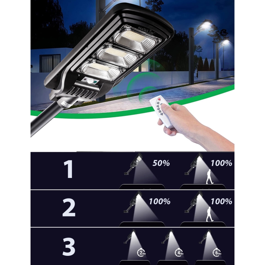 Dimmbare LED-Solar-Straßenlaterne mit Sensor LED/180W/6V 6500K IP65 schwarz + Fernbedienung