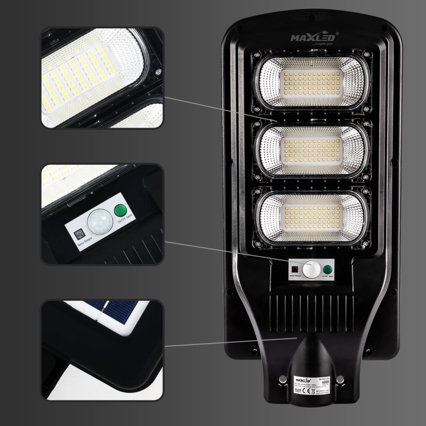 Dimmbare LED-Solar-Straßenlaterne mit Sensor LED/180W/6V 6500K IP65 schwarz + Fernbedienung