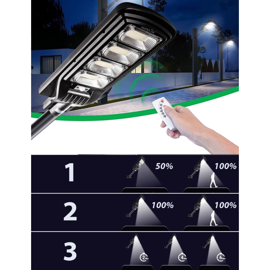 Dimmbare LED-Solar-Straßenlaterne mit Sensor LED/240W/6V 6500K IP65 schwarz + Fernbedienung