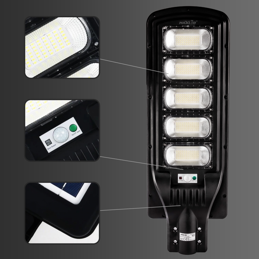 Dimmbare LED-Solar-Straßenlaterne mit Sensor LED/300W/6V 6500K IP65 schwarz + Fernbedienung