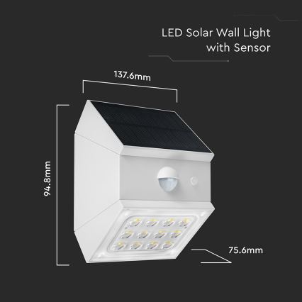 LED-Solar-Wandleuchte mit Sensor LED/2,5W/3,7V 3000/4000/6000K IP65 1200 mAh weiß