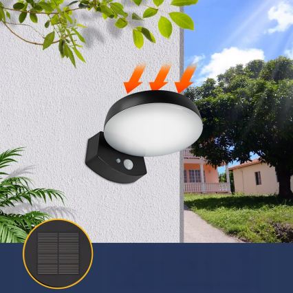 Dimmbare LED-Solar-Wandleuchte mit Sensor LED/3W/3,7V 1800 mAh IP54 schwarz