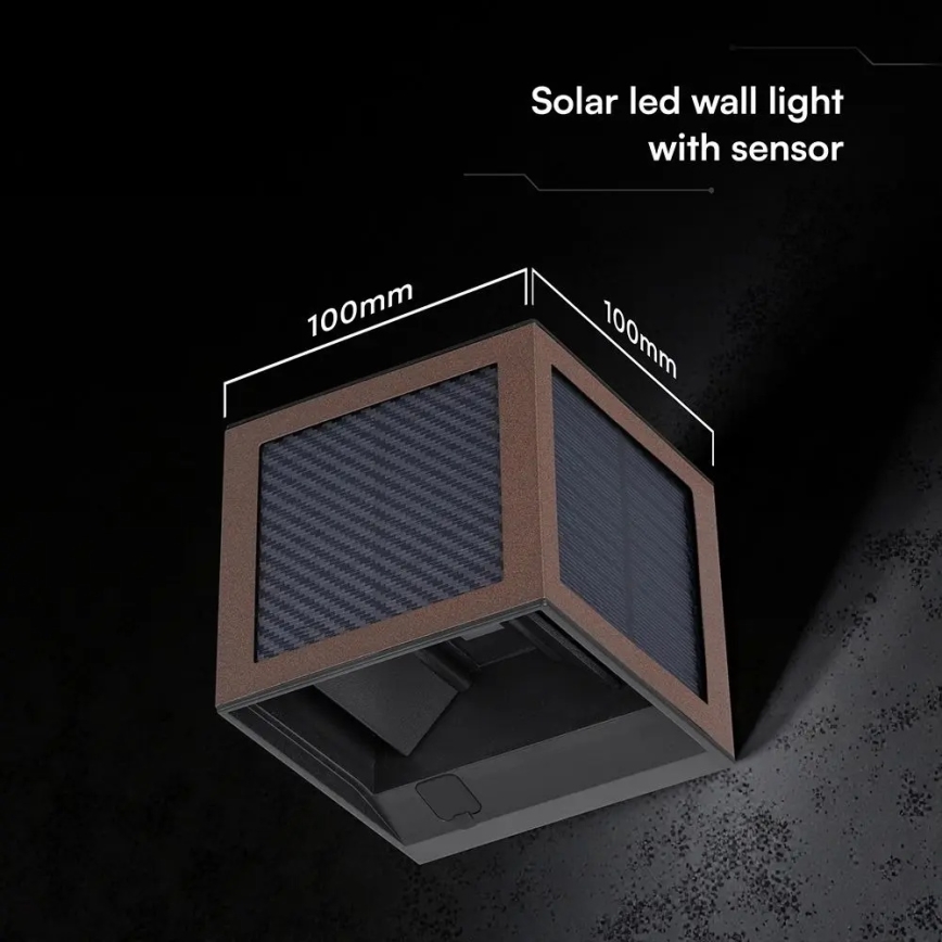 LED-Solar-Wandleuchte mit Sensor, 9 W, 3,7 V, 3000/4000/6000 K, IP65, 2600 mAh, braun