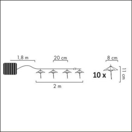 LED-Solarlichterkette 10xLED/1,2V 300 mAh 3,8 m IP44 Regenschirme