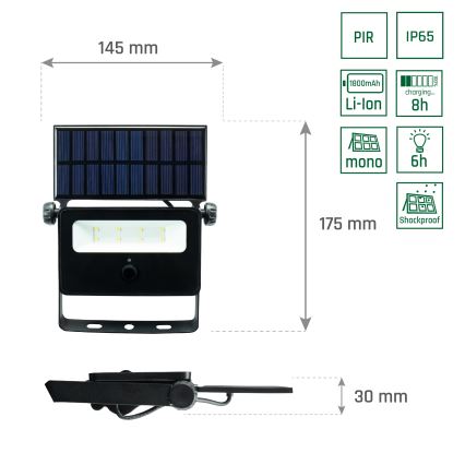 LED-Solarstrahler mit Sensor NOCTIS LED/2W/1800 mAh 3,7V 6000K IP65