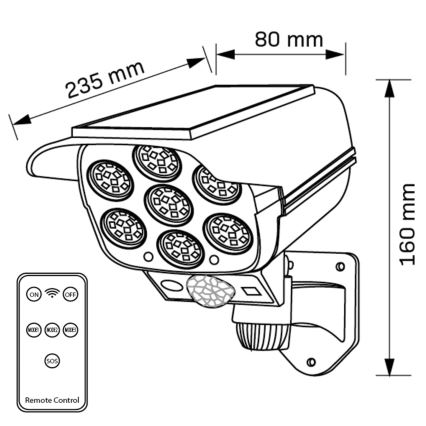 LED Solar-Überwachungskamera-Attrappe mit Sensor KAMERA LED/1W/3,7V 1200 mAh IP44 + Fernbedienung