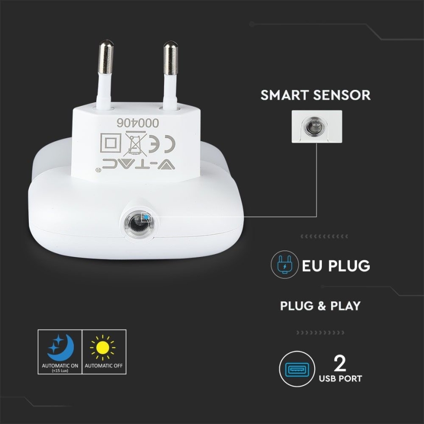 LED-Steckdosen-Nachtlicht mit Dämmerungssensor 2xUSB LED/0,45W/230V 4000K