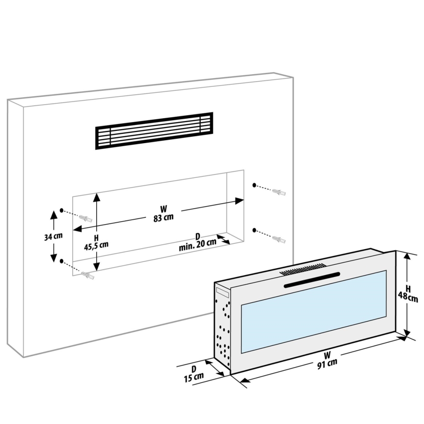 LED-Wand-Elektrokamin mit Heizung LED/2000W/230V 48x91 cm + Fernbedienung