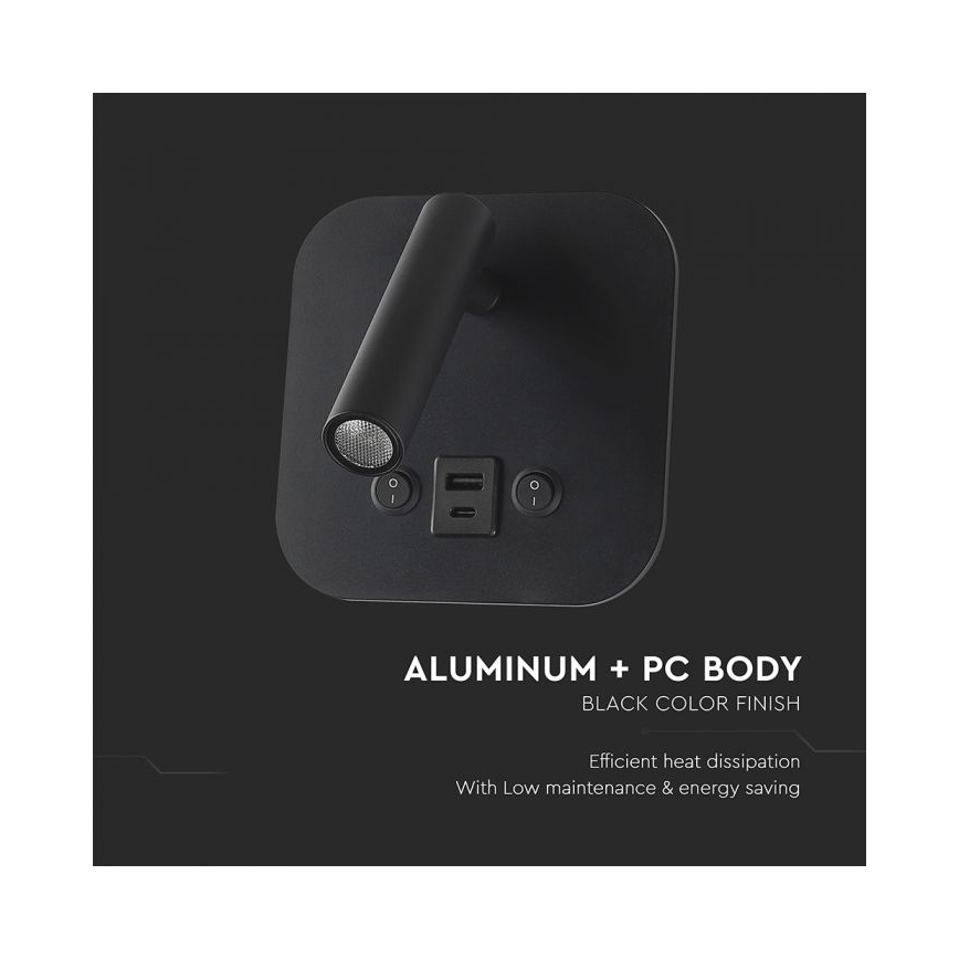 LED-Wand-Spot mit USB-Anschluss LED/8W/230V 3000K schwarz