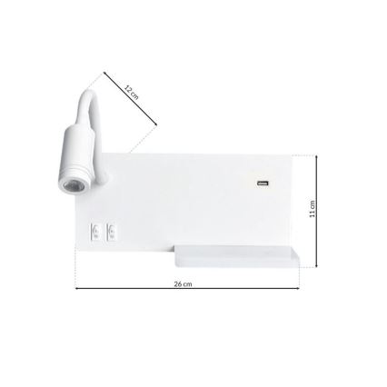 LED-Wandleuchte SHELF 1xLED/4W+1xLED/5W+1xLED/2W/230V + USB-Anschluss weiß