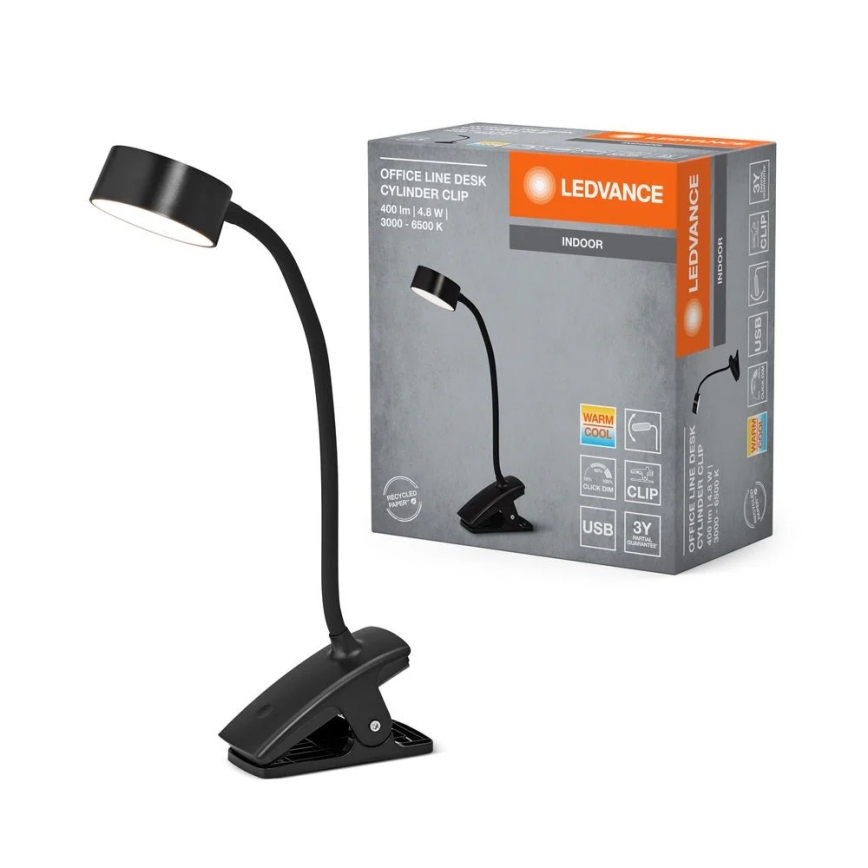 Ledvance - Dimmbare LED-Tischlampe mit Touchfunktion und Clip CYLINDER LED/4,8W/5V 3000-6500K schwarz