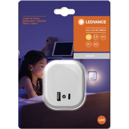 Ledvance - LED Steckdosen-Nachtlicht mit Sensor und USB LUNETTA LED/12,5W/230V 3000K weiß