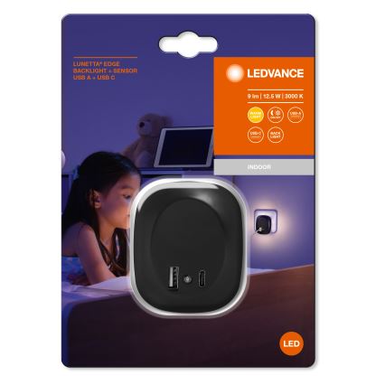 Ledvance - LED Steckdosen-Nachtlicht mit Sensor und USB LUNETTA LED/12,5W/230V 3000K schwarz