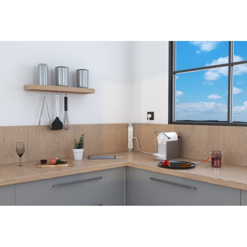 Legrand 049406 - Verlängerungskabel 3Z Typ E + USB-A + USB-C 1m silbern/weiß