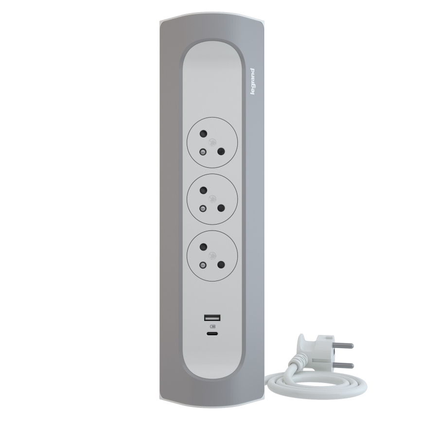 Legrand 049406 - Verlängerungskabel 3Z Typ E + USB-A + USB-C 1m silbern/weiß