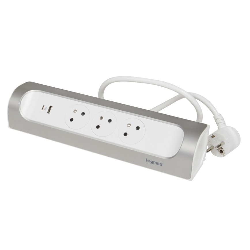 Legrand 049406 - Verlängerungskabel 3Z Typ E + USB-A + USB-C 1m silbern/weiß