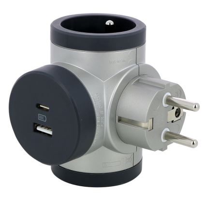 Legrand 049439 - Steckdosenverteiler rotierend 2Z Typ E + USB-A + USB-C silbern/schwarz