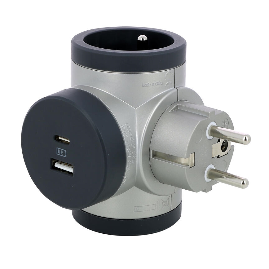 Legrand 049439 - Steckdosenverteiler rotierend 2Z Typ E + USB-A + USB-C silbern/schwarz